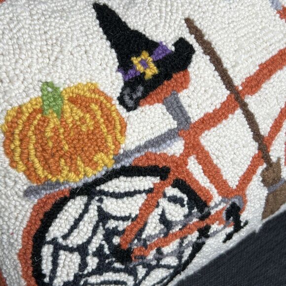 Halloween Witch Bicycle Hooked Wool Throw Pillow 17 X 14 Spider Webs - Picture 2 of 6